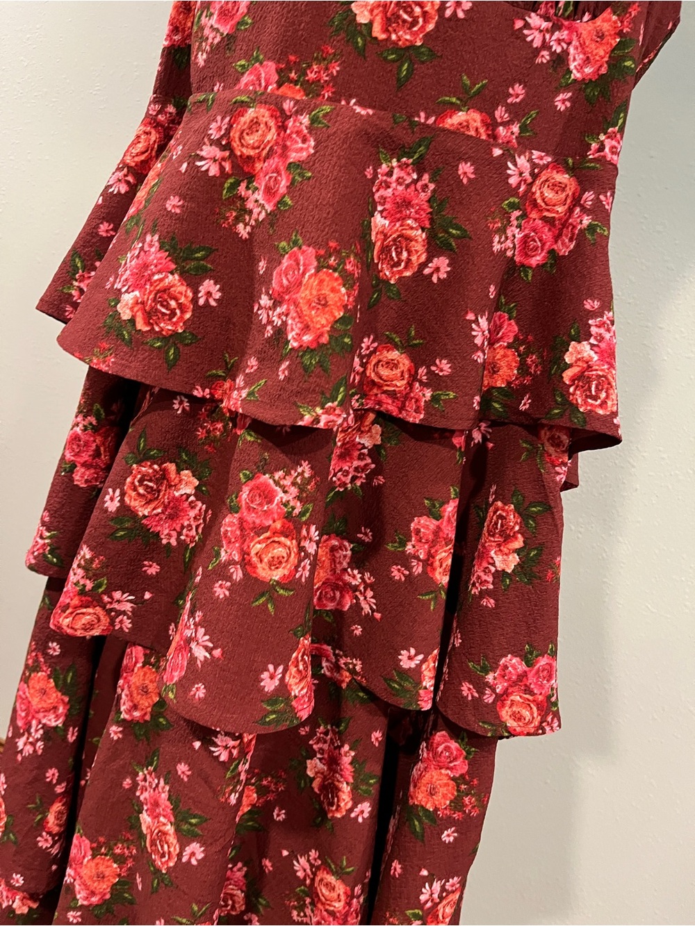 Arula Tiered Floral Maxi Dress in Burgundy with Pink Roses size 2X - Picture 3 of 14